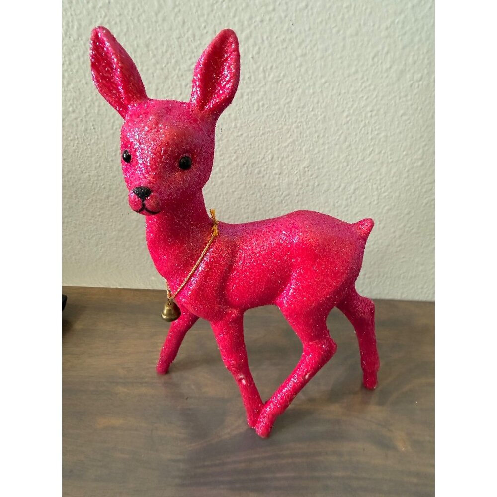 Ino Schaller Bayern Germany Pink Glitter Reindeer With Gold Bell Christmas Decor